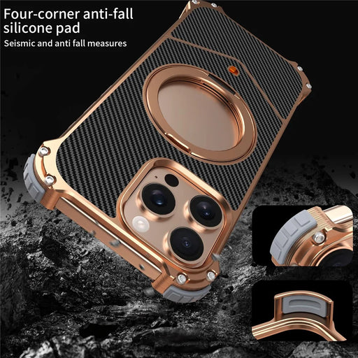 For iPhone 16 Pro Max Case Carbon Fiber Texture PU + Metal Boardless Phone Back Cover with Kickstand - Brown - 2