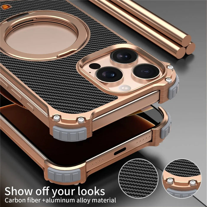 For iPhone 16 Pro Max Case Carbon Fiber Texture PU + Metal Boardless Phone Back Cover with Kickstand - Brown - 4