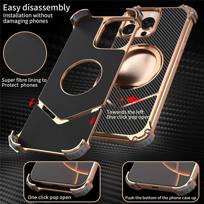For iPhone 16 Pro Max Case Carbon Fiber Texture PU + Metal Boardless Phone Back Cover with Kickstand - Brown - 5