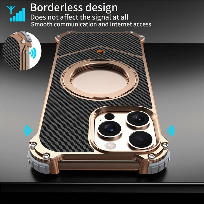 For iPhone 16 Pro Max Case Carbon Fiber Texture PU + Metal Boardless Phone Back Cover with Kickstand - Brown - 6