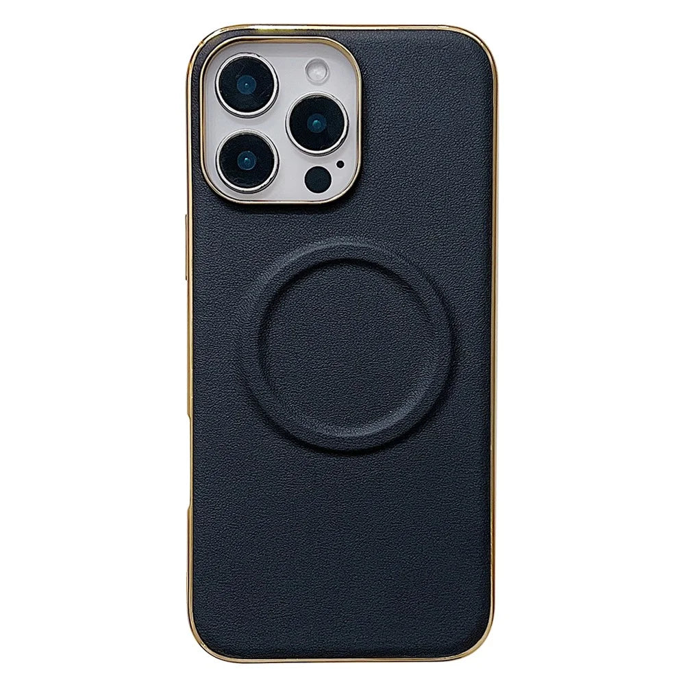 For iPhone 16 Pro Max Magnetic Case Nappa Texture PU + TPU + PC Phone Back Cover - Black - 1