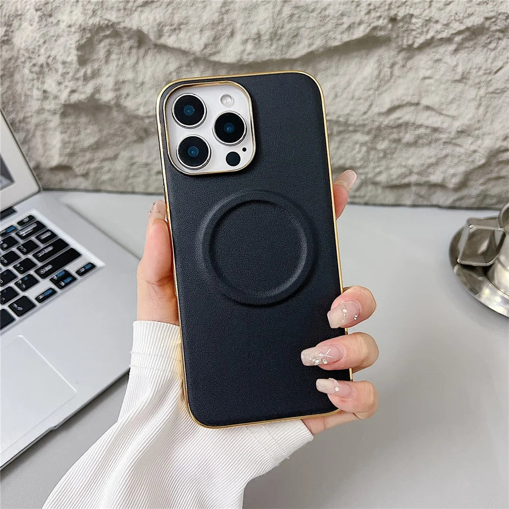 For iPhone 16 Pro Magnetic Case Nappa Texture PU + TPU + PC Phone Back Cover - Black - 2