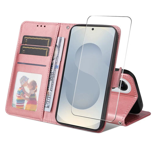 ENKAY HAT PRINCE For Samsung Galaxy S25 Edge PU Leather Wallet Case   Phone Stand Cover with Tempered Glass - Pink - 1