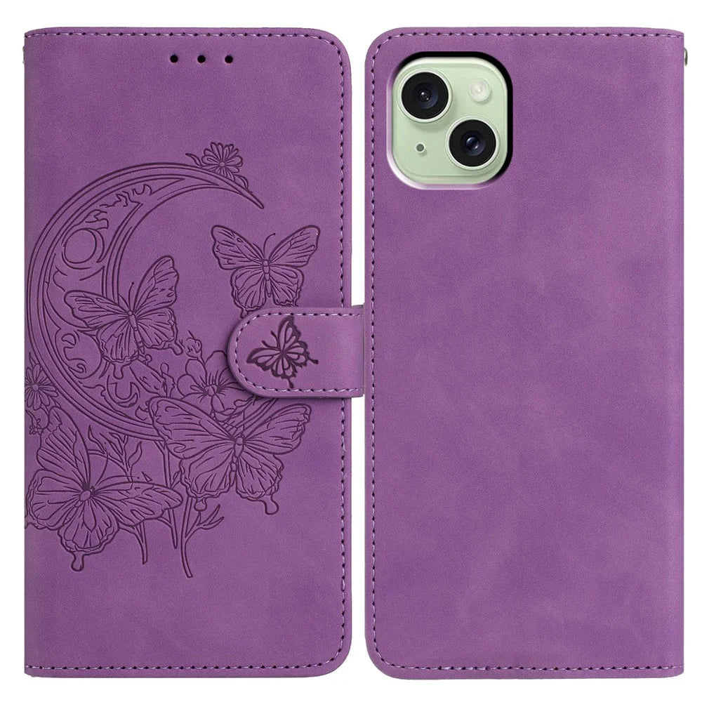 For iPhone 15 Case Butterfly Flower Imprinted PU Leather Wallet Stand Phone Cover - Purple - 1