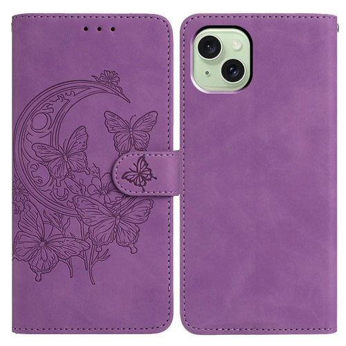 For iPhone 15 Case Butterfly Flower Imprinted PU Leather Wallet Stand Phone Cover - Purple - 1