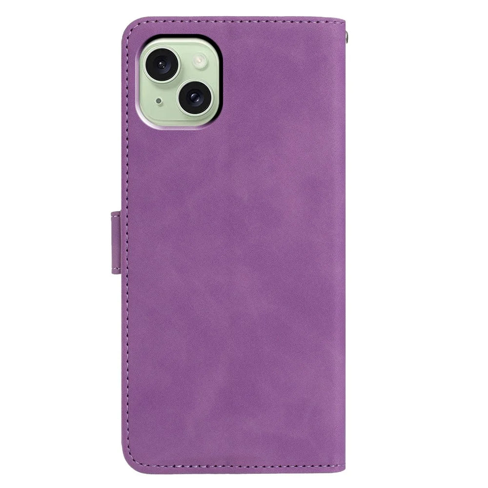 For iPhone 15 Case Butterfly Flower Imprinted PU Leather Wallet Stand Phone Cover - Purple - 5