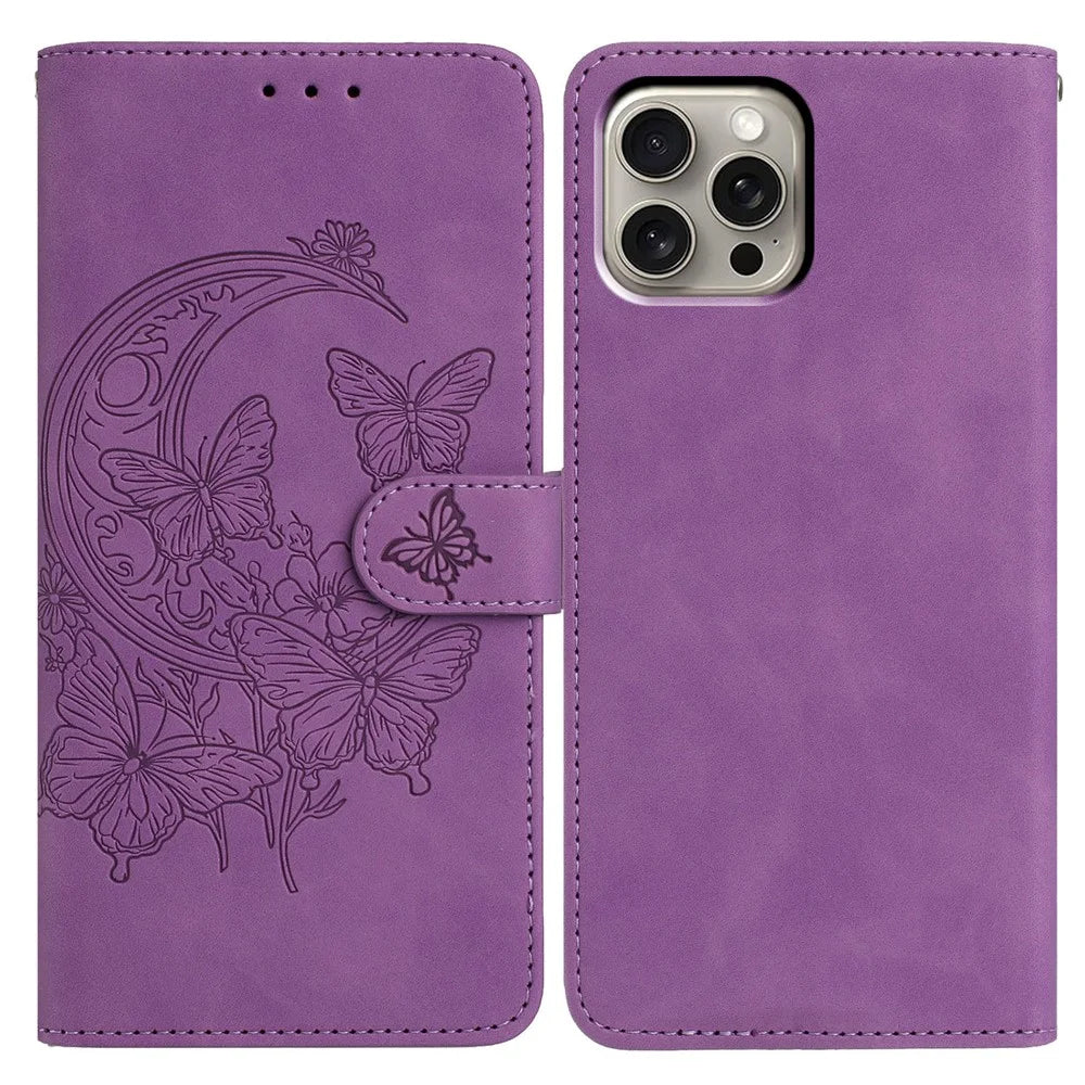 For iPhone 15 Pro Max Case Butterfly Flower Imprinted PU Leather Wallet Stand Phone Cover - Purple - 1