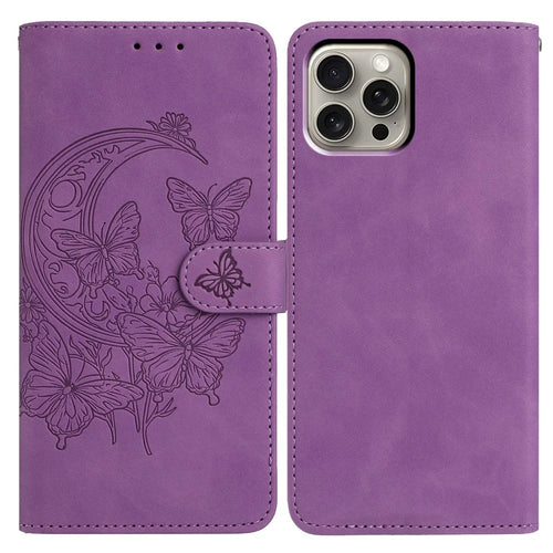 For iPhone 15 Pro Max Case Butterfly Flower Imprinted PU Leather Wallet Stand Phone Cover - Purple - 1