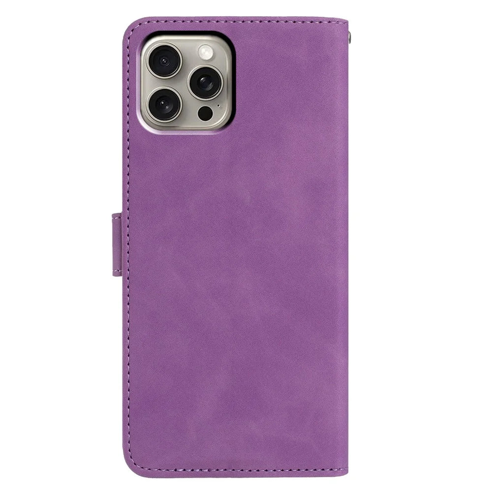 For iPhone 15 Pro Max Case Butterfly Flower Imprinted PU Leather Wallet Stand Phone Cover - Purple - 5