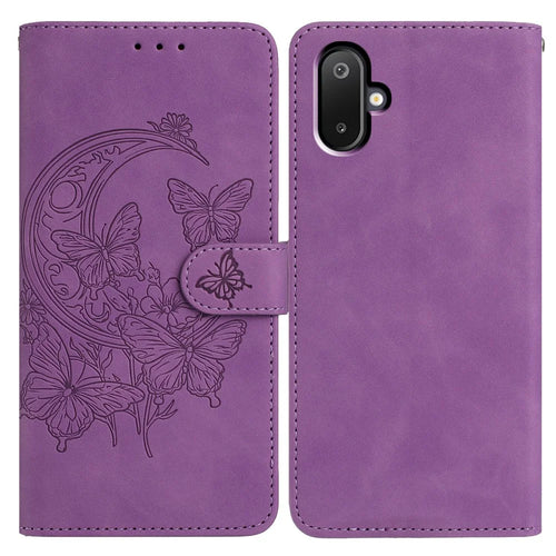 For Samsung Galaxy M06 5G  /  F06 5G Case Butterfly Flower Imprinted PU Leather Wallet Stand Phone Cover - Purple - 1