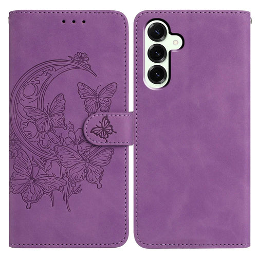 For Samsung Galaxy M16 5G  /  F16 5G Case Butterfly Flower Imprinted PU Leather Wallet Stand Phone Cover - Purple - 1