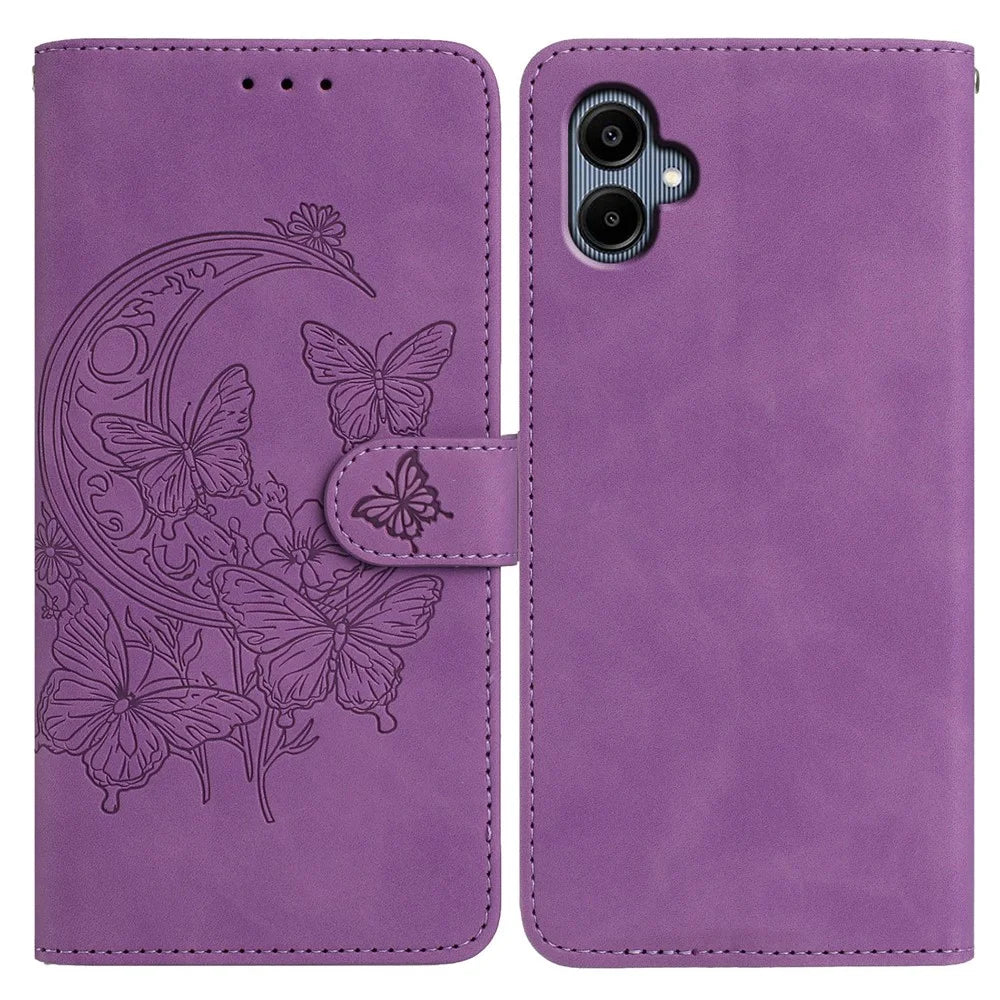 For Samsung Galaxy A06 4G Case Butterfly Flower Imprinted PU Leather Wallet Stand Phone Cover - Purple - 1
