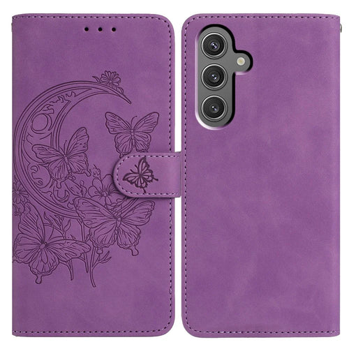 For Samsung Galaxy A54 5G Case Butterfly Flower Imprinted PU Leather Wallet Stand Phone Cover - Purple - 1