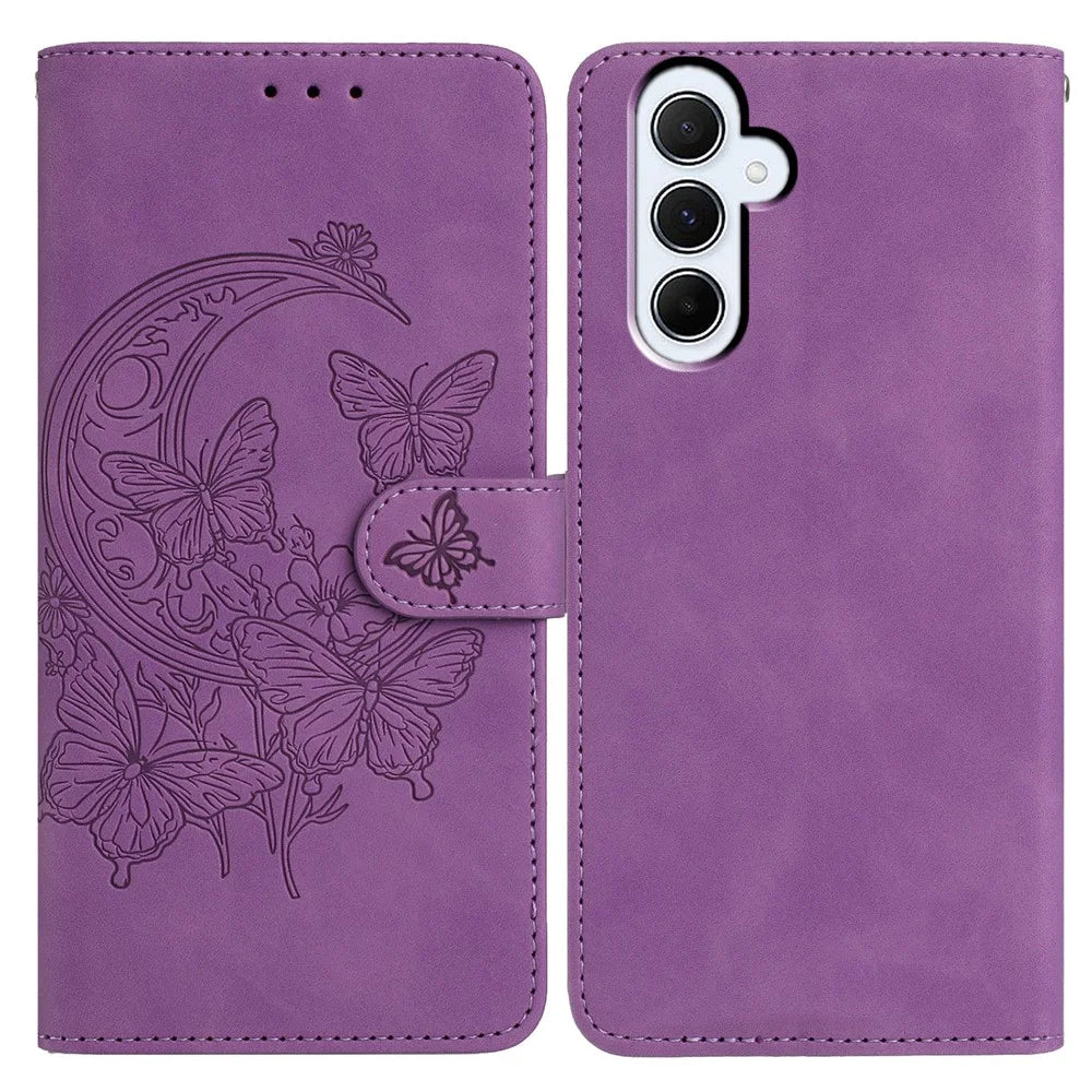 For Samsung Galaxy A55 5G Case Butterfly Flower Imprinted PU Leather Wallet Stand Phone Cover - Purple - 1
