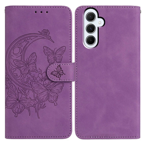For Samsung Galaxy A55 5G Case Butterfly Flower Imprinted PU Leather Wallet Stand Phone Cover - Purple - 1