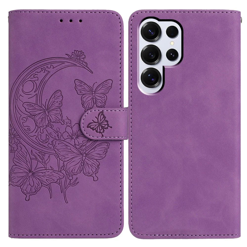 For Samsung Galaxy S25 Ultra Case Butterfly Flower Imprinted PU Leather Wallet Stand Phone Cover - Purple - 1