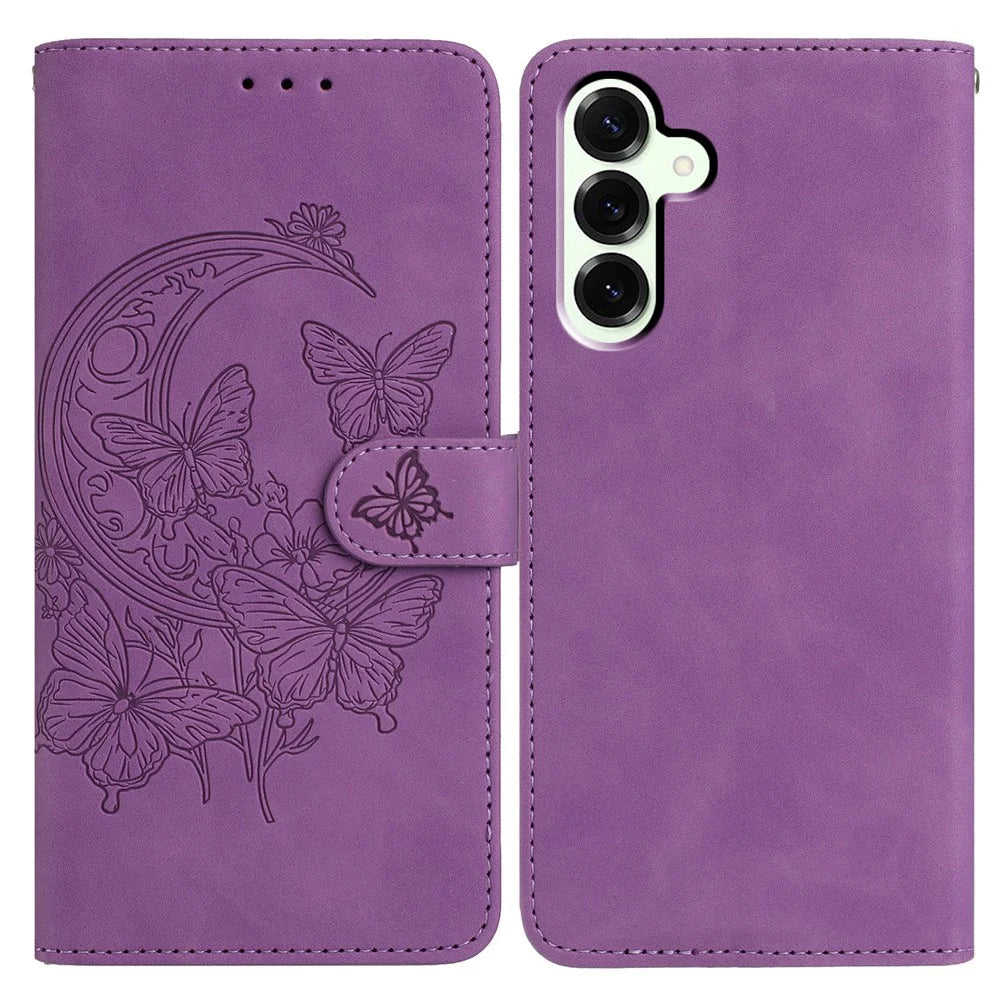 For Samsung Galaxy S25+ Case Butterfly Flower Imprinted PU Leather Wallet Stand Phone Cover - Purple - 1