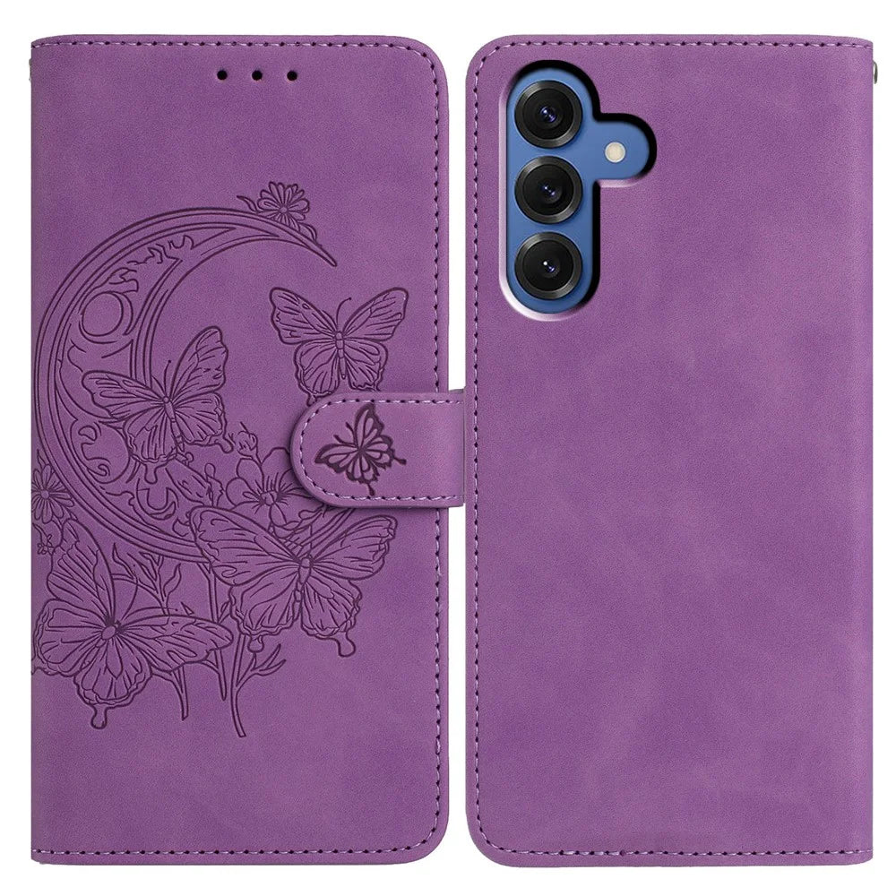 For Samsung Galaxy S25 Case Butterfly Flower Imprinted PU Leather Wallet Stand Phone Cover - Purple - 1