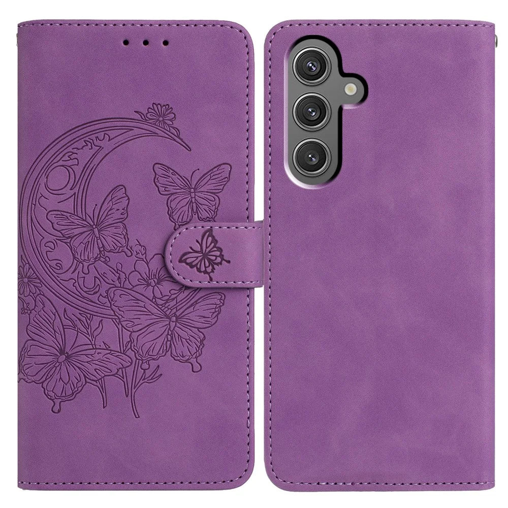 For Samsung Galaxy S24 FE Case Butterfly Flower Imprinted PU Leather Wallet Stand Phone Cover - Purple - 1