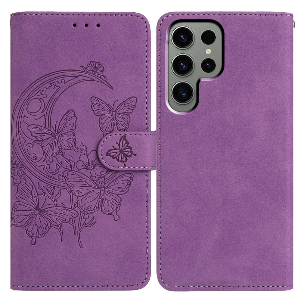 For Samsung Galaxy S24 Ultra Case Butterfly Flower Imprinted PU Leather Wallet Stand Phone Cover - Purple - 1