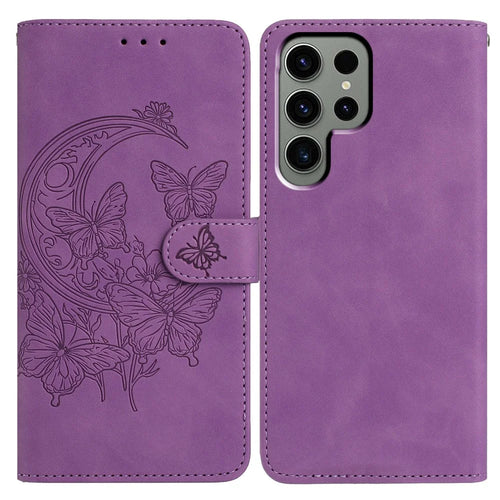 For Samsung Galaxy S24 Ultra Case Butterfly Flower Imprinted PU Leather Wallet Stand Phone Cover - Purple - 1