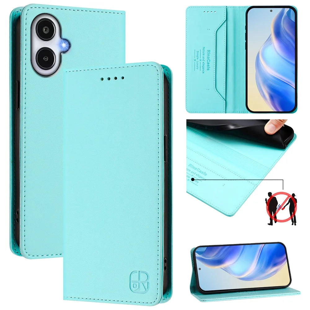 For Samsung Galaxy A25e Leather Case RINACASIS RC01 Phone Cover with RFID Blocking Wallet Stand - Mint Green - 2
