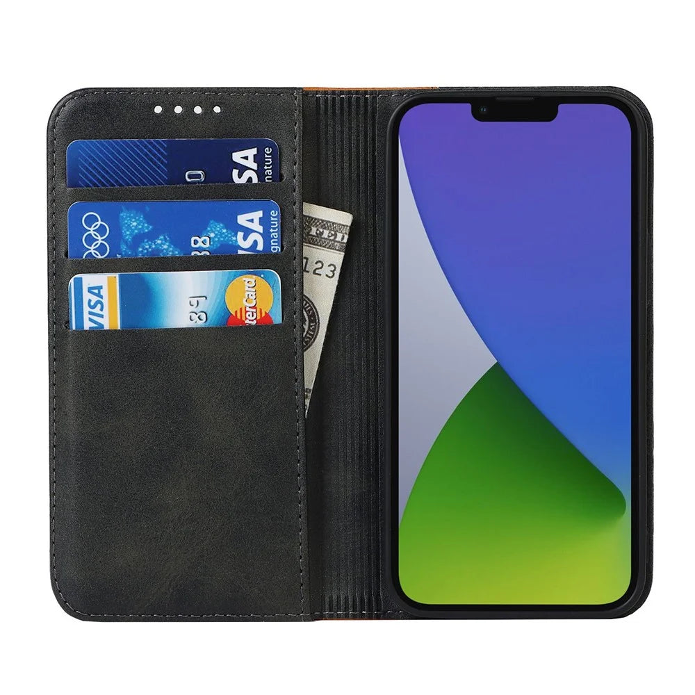 For iPhone 14 Bi-color Splicing Magnetic Auto-absorbed Calf Texture PU Leather Phone Case Drop-proof Wallet Stand Cover - Black / Yellow - 2
