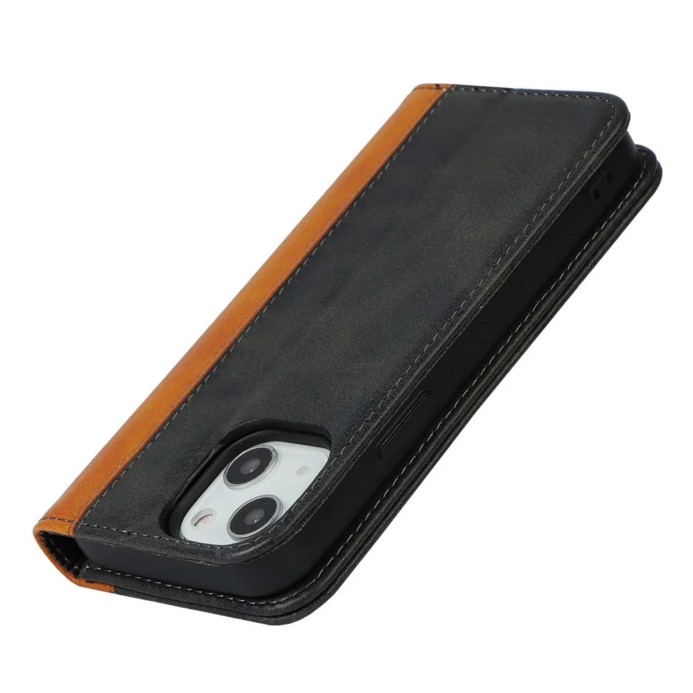 For iPhone 14 Bi-color Splicing Magnetic Auto-absorbed Calf Texture PU Leather Phone Case Drop-proof Wallet Stand Cover - Black / Yellow - 5