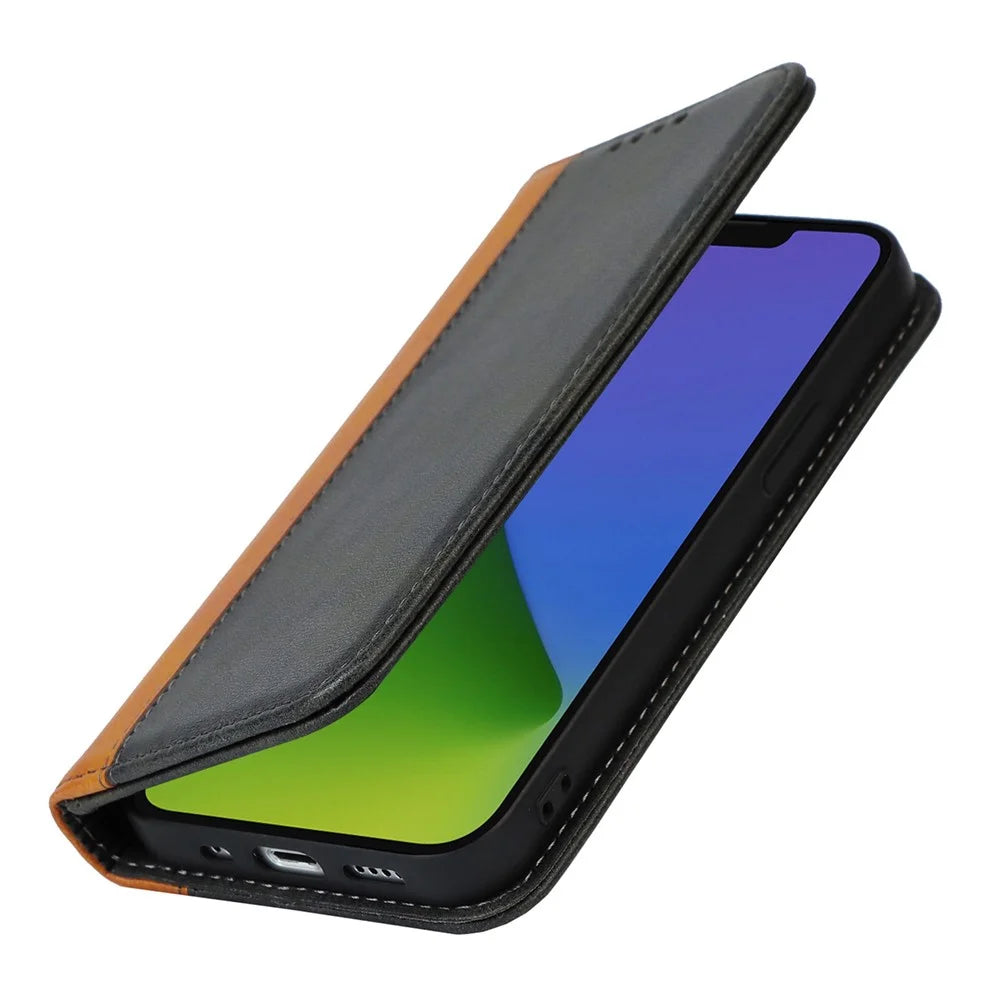 For iPhone 14 Bi-color Splicing Magnetic Auto-absorbed Calf Texture PU Leather Phone Case Drop-proof Wallet Stand Cover - Black / Yellow - 6
