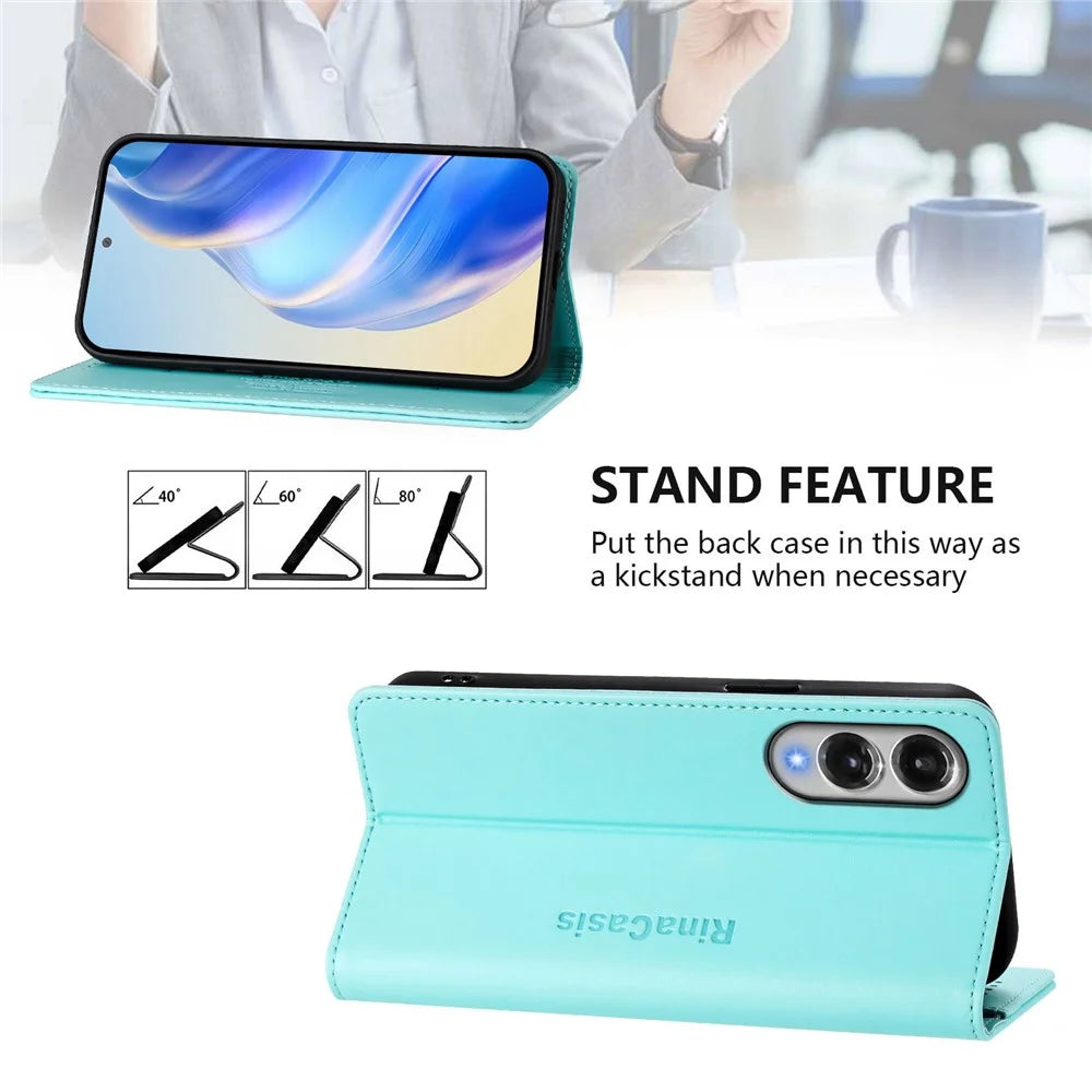 For Samsung Galaxy S25 Edge Leather Case RINACASIS RC01 Phone Cover with RFID Blocking Wallet Stand - Mint Green - 4