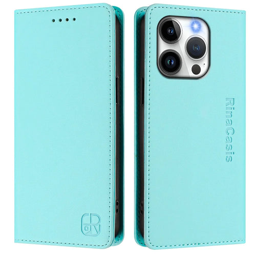 For iPhone 15 Pro Leather Case RINACASIS RC01 Phone Cover with RFID Blocking Wallet Stand - Mint Green - 1