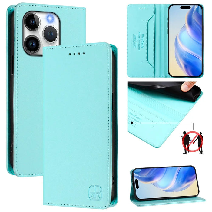 For iPhone 15 Pro Leather Case RINACASIS RC01 Phone Cover with RFID Blocking Wallet Stand - Mint Green - 2