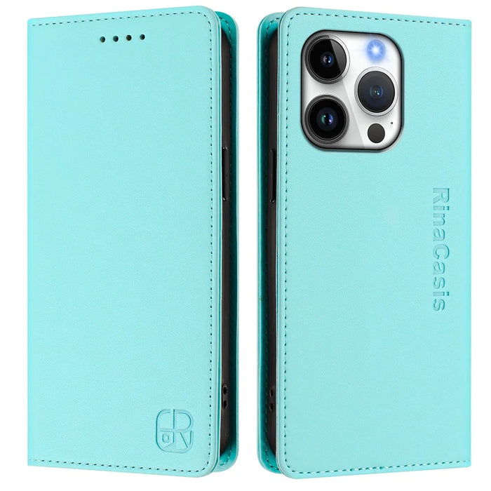 For iPhone 16 Pro Leather Case RINACASIS RC01 Phone Cover with RFID Blocking Wallet Stand - Mint Green - 1