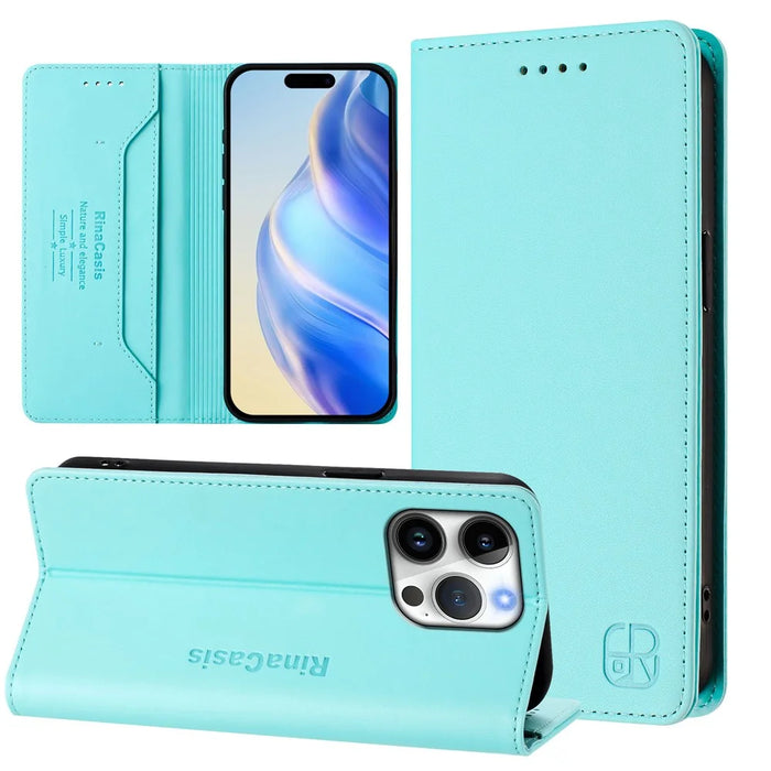 For iPhone 16 Pro Leather Case RINACASIS RC01 Phone Cover with RFID Blocking Wallet Stand - Mint Green - 3
