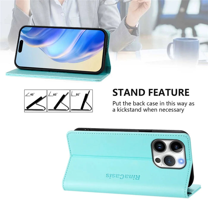 For iPhone 16 Pro Leather Case RINACASIS RC01 Phone Cover with RFID Blocking Wallet Stand - Mint Green - 4