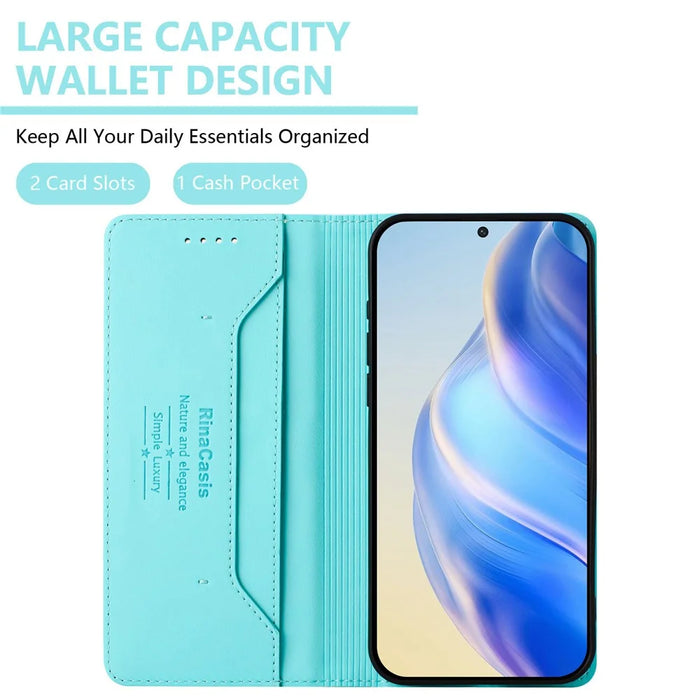 For iPhone 16 Pro Leather Case RINACASIS RC01 Phone Cover with RFID Blocking Wallet Stand - Mint Green - 7