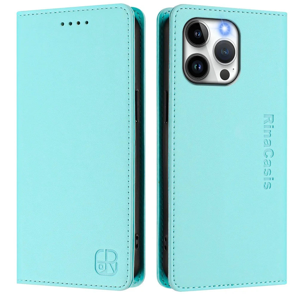 For iPhone 15 Pro Max Leather Case RINACASIS RC01 Phone Cover with RFID Blocking Wallet Stand - Mint Green - 1