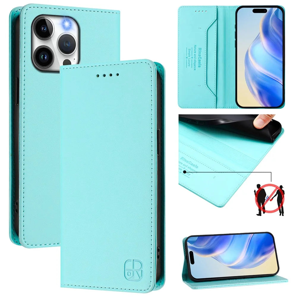 For iPhone 15 Pro Max Leather Case RINACASIS RC01 Phone Cover with RFID Blocking Wallet Stand - Mint Green - 2