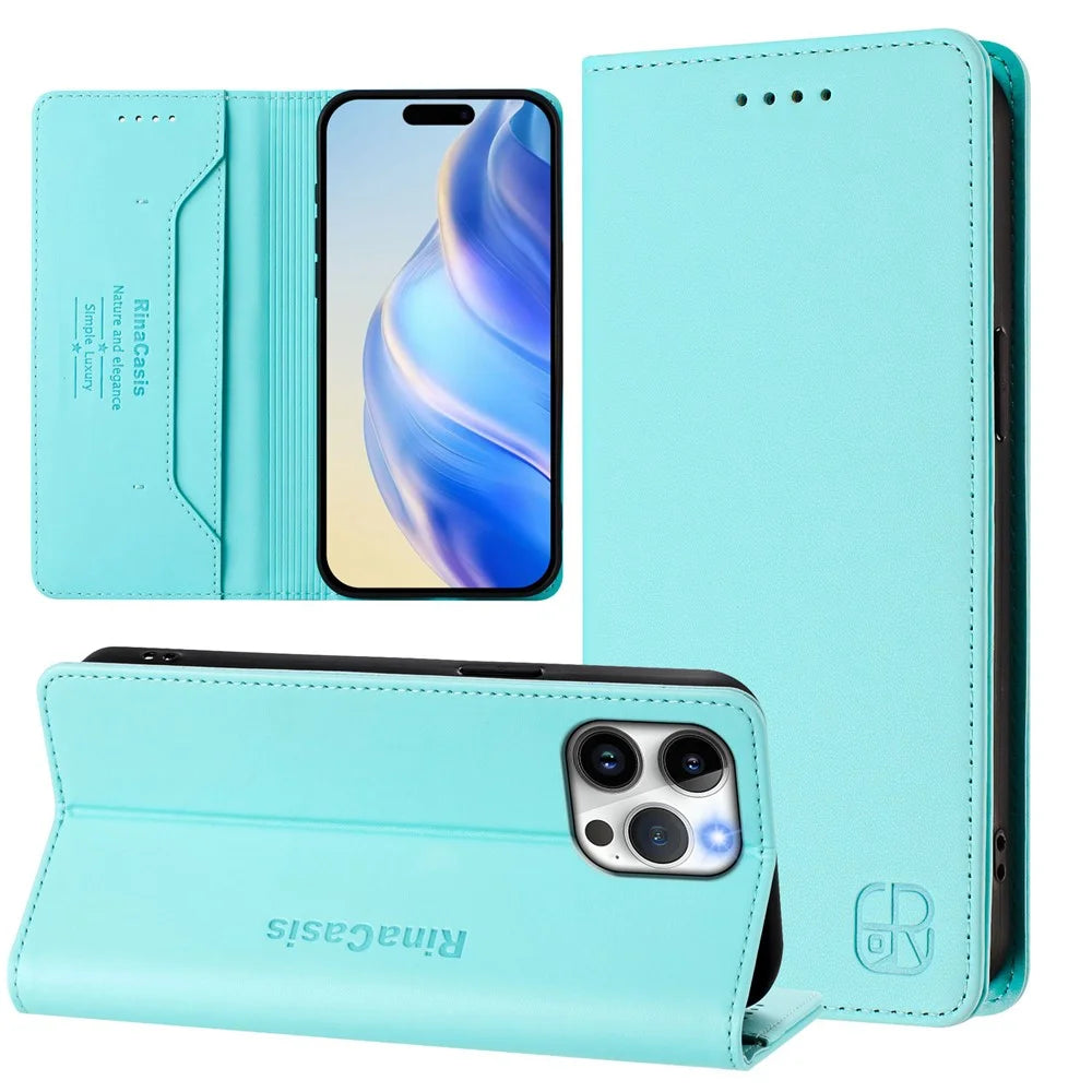 For iPhone 15 Pro Max Leather Case RINACASIS RC01 Phone Cover with RFID Blocking Wallet Stand - Mint Green - 3