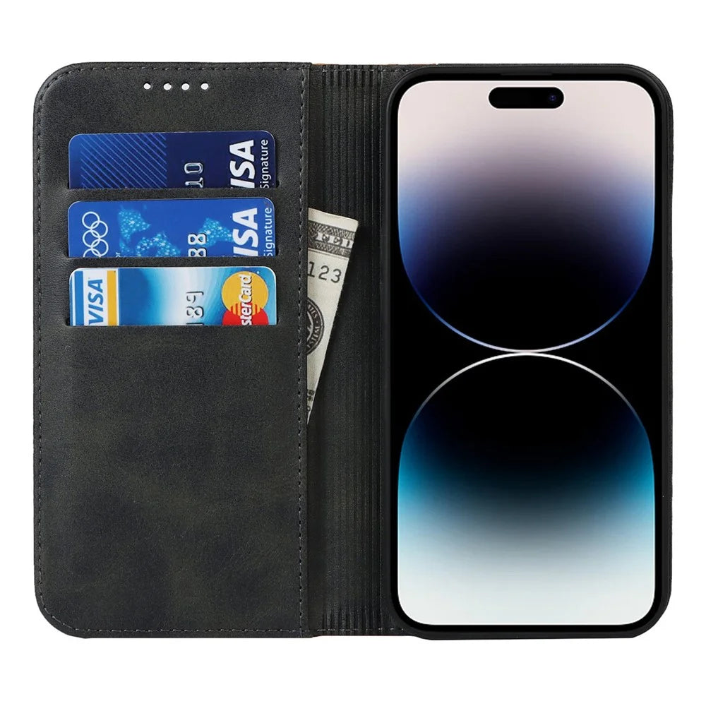 For iPhone 14 Pro Max Calf Texture PU Leather Shockproof Wallet Case Bi-color Splicing Magnetic Auto-absorbed Foldable Stand Cover - Black / Yellow - 2