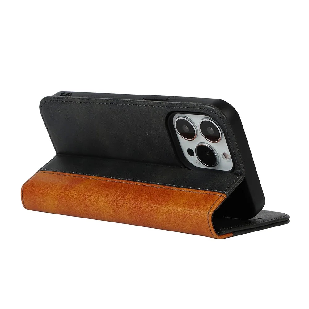 For iPhone 14 Pro Max Calf Texture PU Leather Shockproof Wallet Case Bi-color Splicing Magnetic Auto-absorbed Foldable Stand Cover - Black / Yellow - 3
