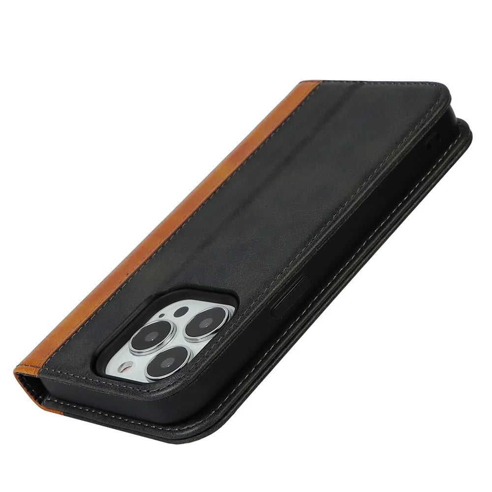 For iPhone 14 Pro Max Calf Texture PU Leather Shockproof Wallet Case Bi-color Splicing Magnetic Auto-absorbed Foldable Stand Cover - Black / Yellow - 5