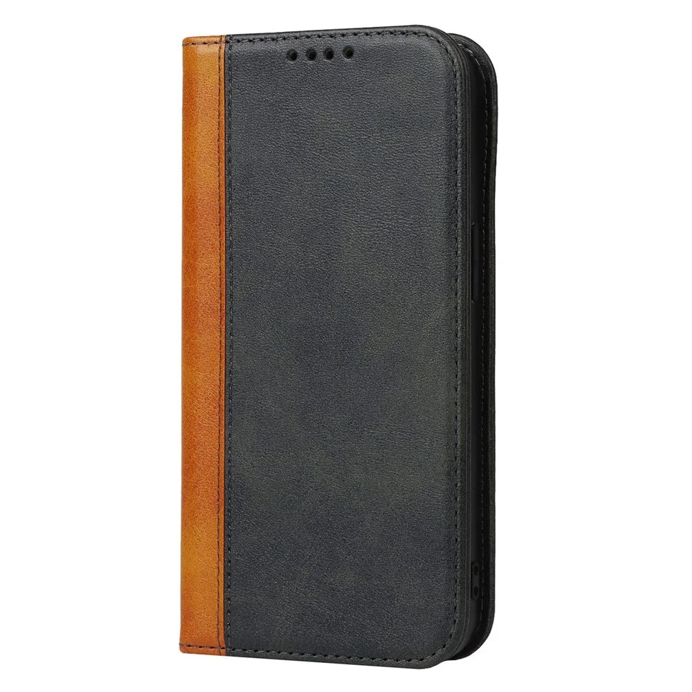 For iPhone 14 Pro Max Calf Texture PU Leather Shockproof Wallet Case Bi-color Splicing Magnetic Auto-absorbed Foldable Stand Cover - Black / Yellow - 7