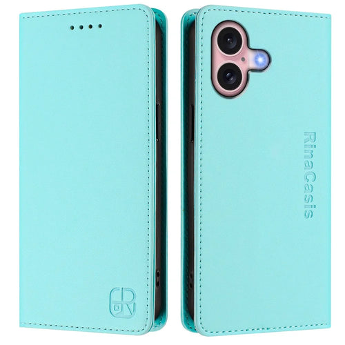 For iPhone 16 Leather Case RINACASIS RC01 Phone Cover with RFID Blocking Wallet Stand - Mint Green - 1