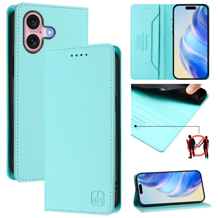 For iPhone 16 Leather Case RINACASIS RC01 Phone Cover with RFID Blocking Wallet Stand - Mint Green - 2