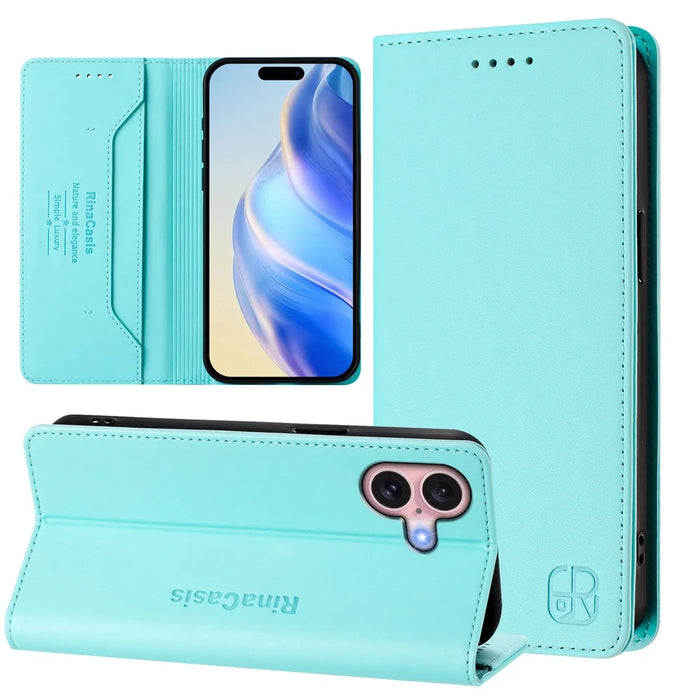 For iPhone 16 Leather Case RINACASIS RC01 Phone Cover with RFID Blocking Wallet Stand - Mint Green - 3