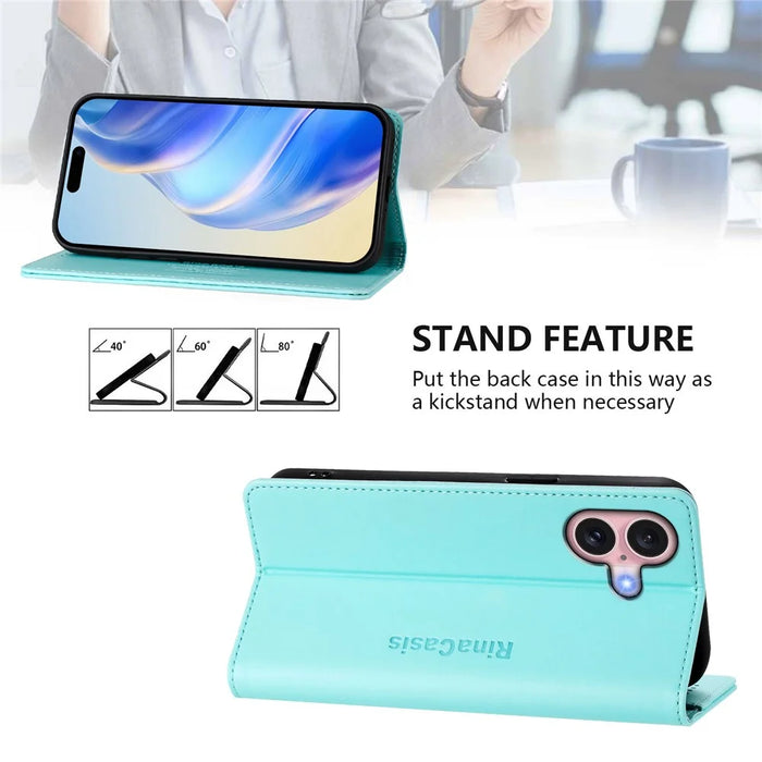 For iPhone 16 Leather Case RINACASIS RC01 Phone Cover with RFID Blocking Wallet Stand - Mint Green - 4