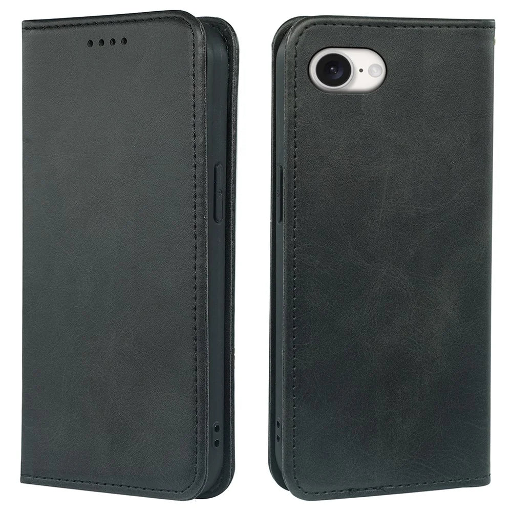 For iPhone 17e / 16e Case Wallet Calf Texture Leather Phone Cover with Hidden Magnetic Closure - Black - 1