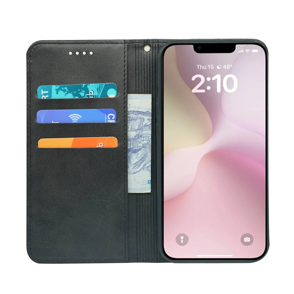 For iPhone 17e / 16e Case Wallet Calf Texture Leather Phone Cover with Hidden Magnetic Closure - Black - 2