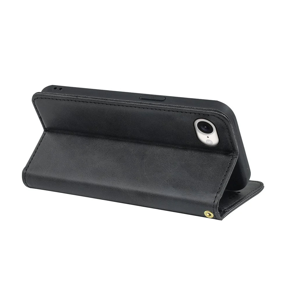 For iPhone 17e / 16e Case Wallet Calf Texture Leather Phone Cover with Hidden Magnetic Closure - Black - 3